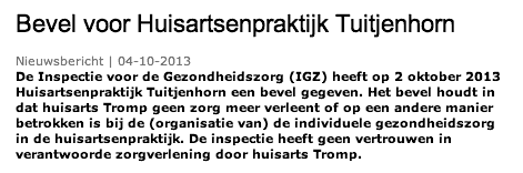 Inspectie voor de Gezondheidszorg - Bevel voor Huisartsenpraktijk Tuitjenhorn